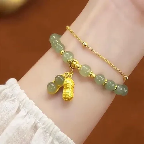 Miniatura 6 de SJDOFU Pulsera de cuentas de jade Hetian Jade Peanut Colgante Pulsera elástica para mujer (verde claro), Esmeralda, Jade