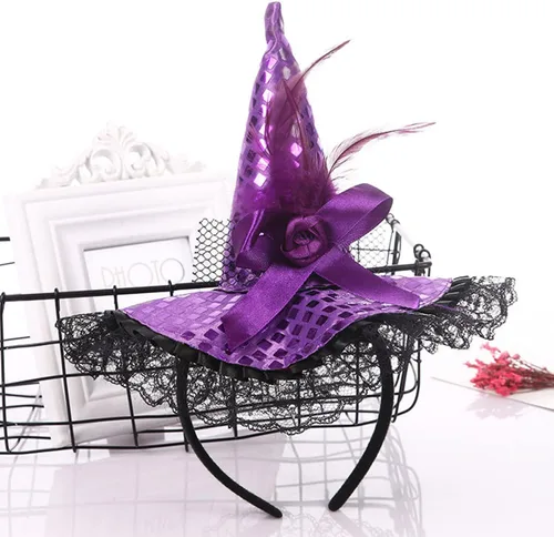 Miniatura 4 de Dzrige Sombrero de bruja de Halloween, diadema de plumas de bruja con ribete de encaje, accesorio para la cabeza para fiesta de Halloween, cosplay