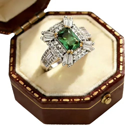 AZQ Anillo vintage de plata de ley 925 con esmeralda, anillos de cóctel de corte cuadrado, gema verde, circonita cúbica, anillo de promesa de