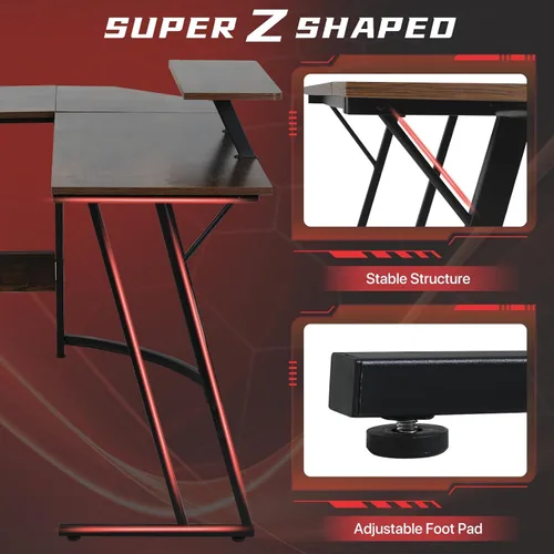 Miniatura 5 de HKLGorg Escritorio en forma de L para computadora de juegos, mesa de esquina para juegos de 50.4 pulgadas con soporte para monitor, superficie
