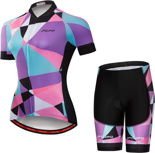 Miniatura 61 de Camiseta de ciclismo para mujer, manga corta y pantalones cortos de ciclismo acolchados para verano