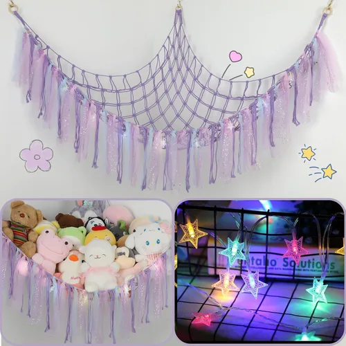 Miniatura 8 de Hamaca de animales de peluche con luces LED, red grande de almacenamiento de juguetes de 59 pulgadas para dormitorio de niños, organizador de felpa