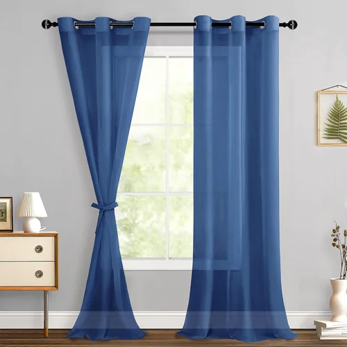 Miniatura 54 de Hiasan - Cortinas traslúcidas de gasa cortas semitransparentes con ojales y alzapaños filtrantes de luz para ventana, dormitorio, baño, 2 paneles