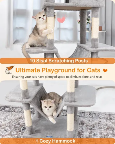 Miniatura 4 de Árbol para gatos, torre para gatos de 81 pulgadas de alto con poste rascador, condominio de felpa para gatos de varios niveles con 2 perchas, 2 Gris