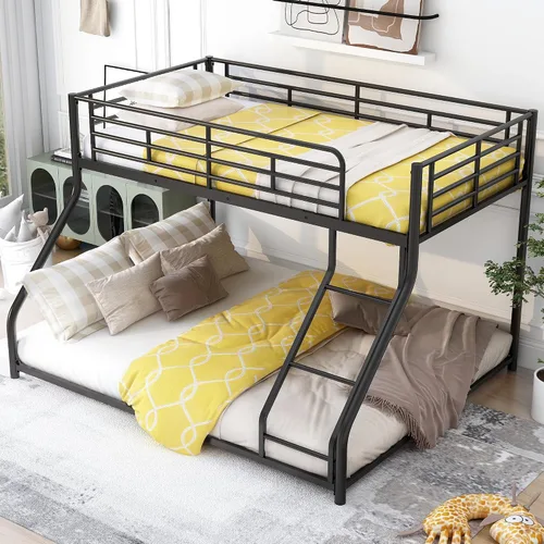 Miniatura 7 de Favfurish Litera de Metal de Piso Twin XL sobre Queen con Escaleras Inclinadas y Barandillas de Seguridad para Dormitorio, Habitaciones de Negro