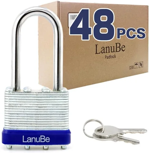 Miniatura 16 de LanuBe Candado laminado de 1-9/16 pulgadas (1.575 in) de largo grillete paquete de 2 llaves iguales, aro de plástico azul, cerraduras a granel
