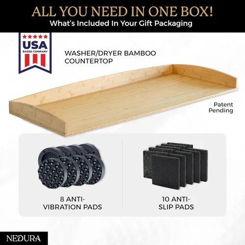 Miniatura 2 de Nedura Encimera de Lavadora y Secadora para Lavadora con Almohadillas Antivibración y Rieles de Borde Curvo, Encimera de Lavandería de Bambú, Bambú