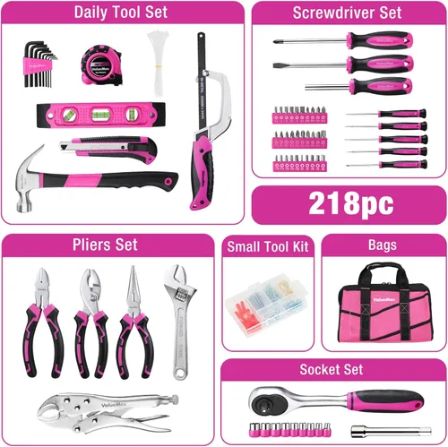 Miniatura 2 de ValueMax Kit de herramientas rosa, juego de herramientas de reparación del hogar de 218 piezas, kit de herramientas para el hogar con bolsa