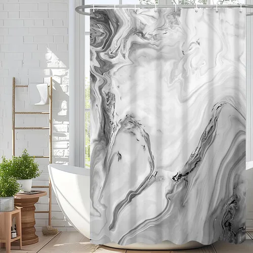 Miniatura 48 de Cortina de ducha abstracta de mármol negro gris y dorado con grietas, cortina de baño moderna ombre impresa, cortina impermeable y lavable de tela