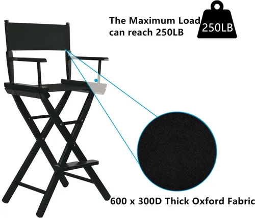 Miniatura 7 de Tall Directors - Silla plegable de 46 pulgadas, silla de maquillaje negra para artistas de maquillaje, capacidad de 250 libras, madera dura maciza