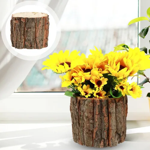 Miniatura 8 de HOMSFOU - Paquete de 3 cubos de flores impermeables de 3.54 x 3.54 x 3.14 pulgadas, contenedores de madera rústica para plantas de troncos, macetas