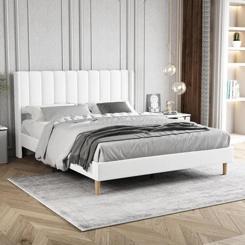 Miniatura 21 de Marco de Cama Tapizada de Plataforma Tamaño Full con Cabecero, Soporte de Listones de Madera Resistentes, No Necesita Somier, Montaje Fácil, Beige