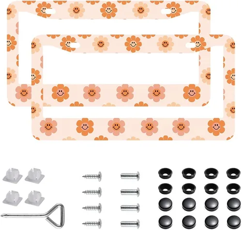 Miniatura 18 de Paquete de 2 marcos para placa de automóvil de acero inoxidable con tornillos, tapas y destornilladores, para mujeres y niñas, diseño de flores de 7