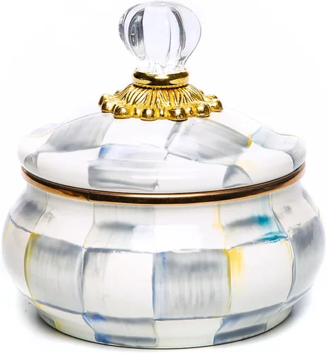 Miniatura 12 de MACKENZIE-CHILDS Olla aplastada de esmalte, bonito recipiente esmaltado con tapa, 20 onzas, a cuadros cortesanos en blanco y negro color fantasía