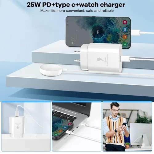 Miniatura 4 de Cargador 2 en 1 para Samsung Watch, cargador rápido USB C de 25 W, compatible con Galaxy Watch 8/8 Classic/Ultra/7/6/6 Classic/5 Pro/5/4/4 Blanco
