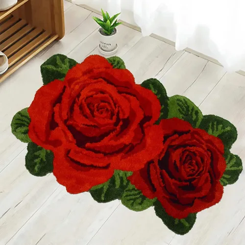 USTIDE Alfombra de Baño Rosa 2x3, Tapete de Baño Rojo Felpilla con Forma de Flor, Alfombra de Felpa Absorbente de Agua para Cocina, Lavable, de Pelo