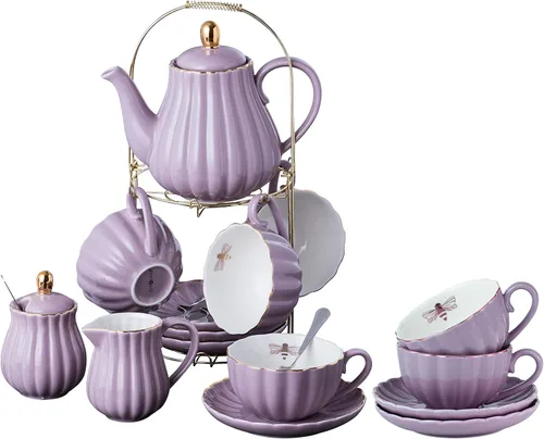 Jusalpha Serve para 6 - Juego de tazas de té y platillos de porcelana fina rosa, tazas de 8 oz y platillo, con tetera, azucarero, jarra para crema,