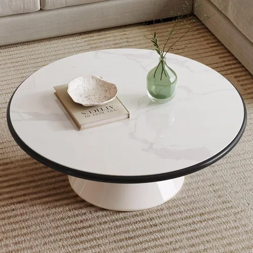 Mesa auxiliar redonda con aspecto de mármol sintético, mesa central blanca con pedestal estable, mesa de comedor moderna de vidrio templado para