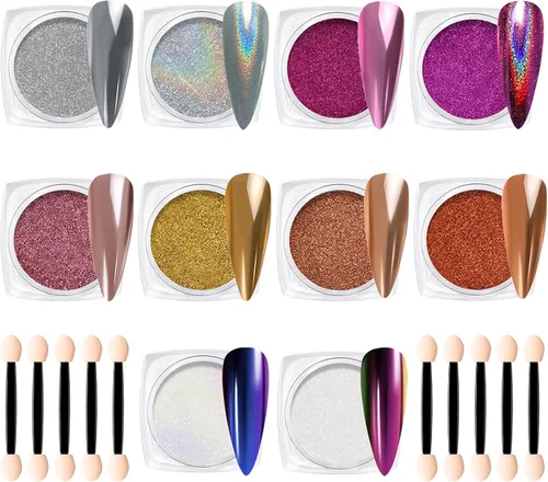 Miniatura 12 de Polvo de uñas cromado de tamaño de prueba para arte de uñas, 0.01 oz, 1 tarro de pigmento holográfico de sirena para polvo de inmersión, uñas