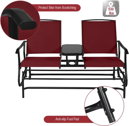 Miniatura 7 de Giantex Banco columpio para exteriores, silla oscilante con estructura de metal, mesa central de vidrio templado, asiento deslizante para dos Borgoña