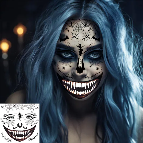 Miniatura 5 de 5 hojas de tatuajes faciales aterradores de Halloween + 1 hoja de tatuaje de cicatrices falsas, tatuaje de boca sangrienta, maquillaje de zombi