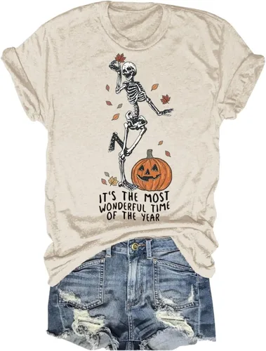 Miniatura 22 de Woffccrd - Camisetas divertidas con estampado de calabaza y leopardo para mujer, camisetas gráficas de manga corta de Halloween para mujer