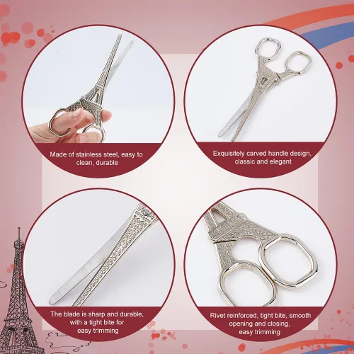 Miniatura 4 de SUNNYCLUE Tijeras de costura de Torre Eiffel, 2 estilos, cubierta de acero inoxidable, tijeras de bordado vintage con funda de cuero sintético
