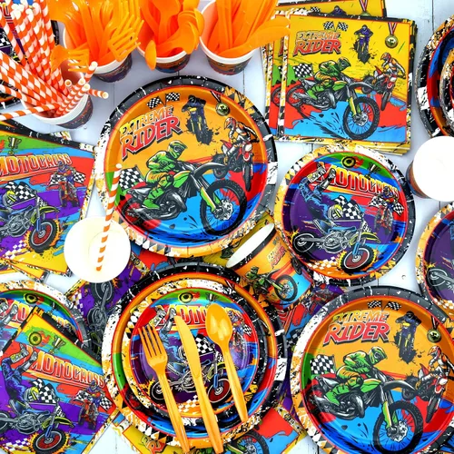 Miniatura 5 de Suministros de fiesta de motocross, incluye telón de fondo de feliz cumpleaños, plato, servilleta, vasos, adornos para pasteles, bolsas de regalo