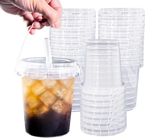Miniatura 11 de Qsqwsuye 15 juegos de vasos de plástico desechables con tapa y pajita, 34 onzas reutilizables y adecuados para viajes al aire libre, embalaje