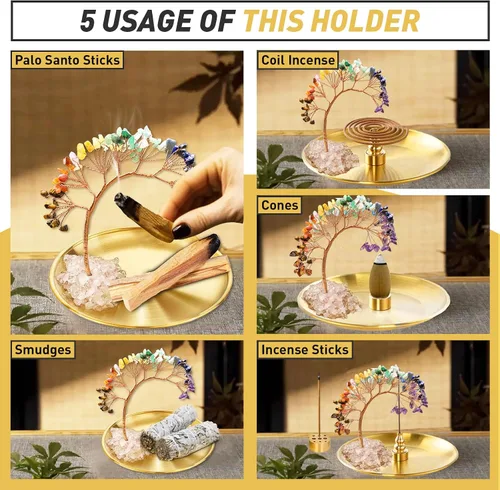 Miniatura 3 de Soporte de cristal para Palo Santo, soporte para incienso para 7 chakras, soporte de incienso de latón de 5.5 pulgadas, 6 en 1 para varillas