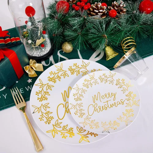 Miniatura 3 de Nervure 175 piezas de platos de plástico de Navidad - Juego de platos desechables blancos y dorados incluye 25 platos de cena, 25 platos de postre