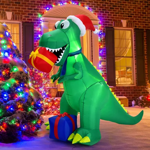 Miniatura 10 de Tangkula Mordedura inflable de dinosaurio de Navidad iluminada de 6 pies, caja de regalo, decoración inflable de Navidad con luces LED y caja