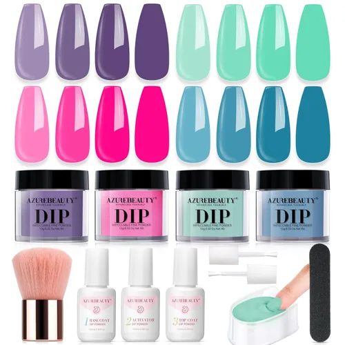 Azurebeauty - Kit de iniciación de uñas de polvo de inmersión, primavera y verano, tonos pastel verde brillante, rosa intenso, púrpura, 4 colores,