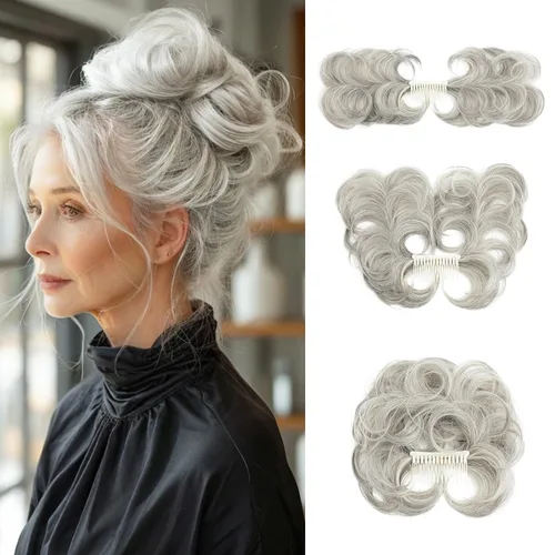 Miniatura 16 de Postizo de Cabello de Moño Despeinado con Peine Lateral Clip en Postizo de Moño para Mujeres Corto Natural Liso Versátil Estilos Ajustables Piezas