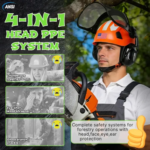 Miniatura 4 de Aolamegs Casco de motosierra con protector facial y orejeras, casco forestal naranja con protección auditiva y máscara de malla completa, casco
