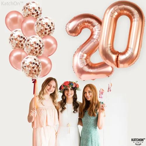 Miniatura 6 de KatchOn, Globos de oro rosa con el número 20 de 40 pulgadas, paquete de 12, 20 globos con confeti, bonitas decoraciones de cumpleaños de 20 años