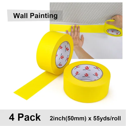 Miniatura 2 de BOMEI PACK Paquete de 4 cintas amarillas para pintores de 2 pulgadas de ancho, cinta adhesiva amarilla mediana de 2 pulgadas x 55 yardas
