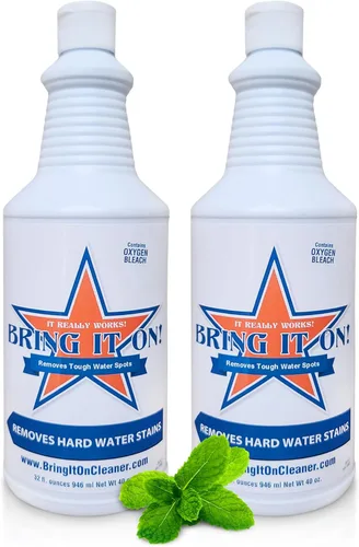 BRING IT ON! CLEANER Paquete de 2 quitamanchas de agua dura de 32 onzas para vidrio, limpiador de puertas de ducha, removedor de espuma de jabón y