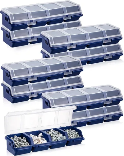 Miniatura 7 de Hushee Caja organizadora de tornillos de 4 piezas con tapa, 4 compartimentos, organizador de piezas pequeñas, de plástico, apilable, tuercas y Azul