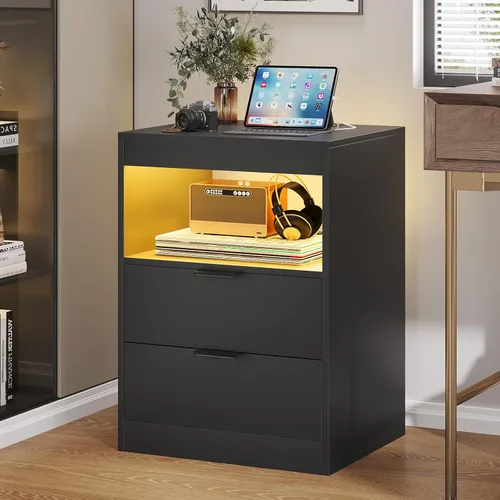 Miniatura 8 de ADORNEVE Mesita de noche LED negra con estación de carga inalámbrica, 2 cajones, moderna mesa auxiliar de dormitorio con luces LED, mesa de noche