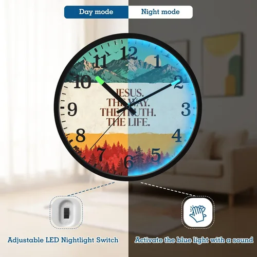 Miniatura 5 de Reloj moderno luminoso activado por voz silencioso sin tictac, funciona con pilas, reloj retro cristiano Jesús Faith de 12 pulgadas para oficina