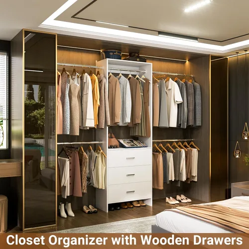 Miniatura 2 de Aheaplus Sistema de Armario, Organizador de Armario con 3 Cajones de Madera, Sistema Organizador de Armario, Armario Walk-in con Perchero para Ropa