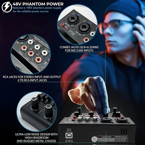 Miniatura 6 de Mezclador de audio inalámbrico profesional Pyle DJ - Mezclador de sonido con controlador Bluetooth de 4 canales, interfaz de audio USB, 2 entradas