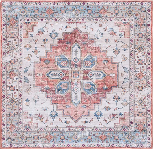 Miniatura 10 de SAFAVIEH Alfombra lavable Tucson Collection - 2 pies 6 pulgadas x 4 pies, beige y azul, antideslizante, ideal para zonas de alto tráfico en entrada