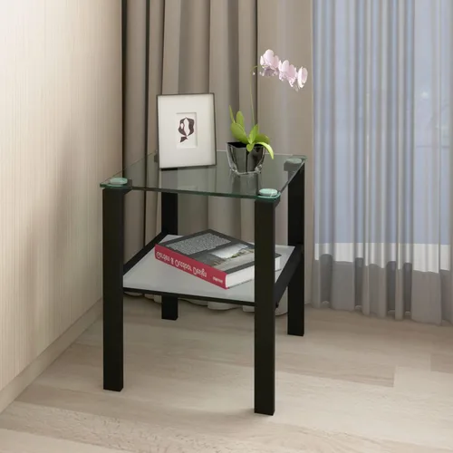 Miniatura 4 de Mesa auxiliar cuadrada de vidrio moderno de 17.72 pulgadas, mesa auxiliar de vidrio templado de 2 capas con 4 patas de tubo de hierro, mesa auxiliar