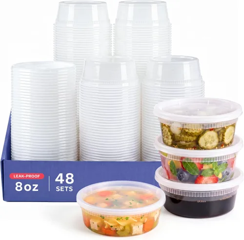 GUSTO [48 juegos - 8 onzas] Contenedores de plástico para almacenamiento de alimentos desechables con tapas herméticas - Contenedores de Slime