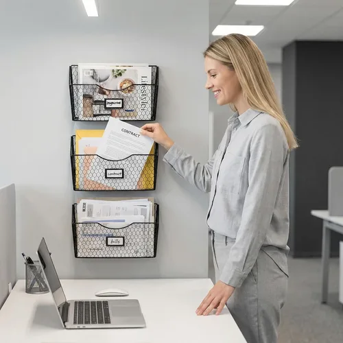 Miniatura 2 de PAG - Soporte para archivos de pared con 3 bolsillos, organizador de correo colgante, metal, alambre de gallinero, revistero con ranura para Negro