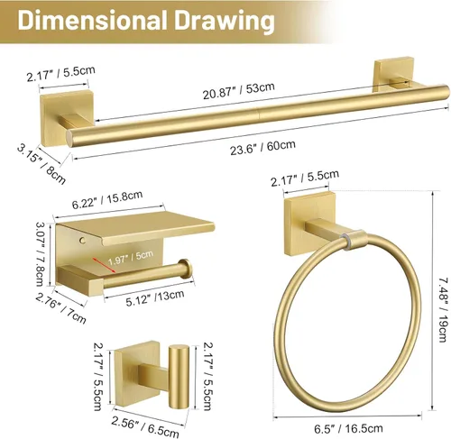 Miniatura 7 de TURS Juego de 5 piezas de accesorios de baño de oro cepillado de 23.6 pulgadas, juego de toallero de acero inoxidable SUS304 montado en la pared