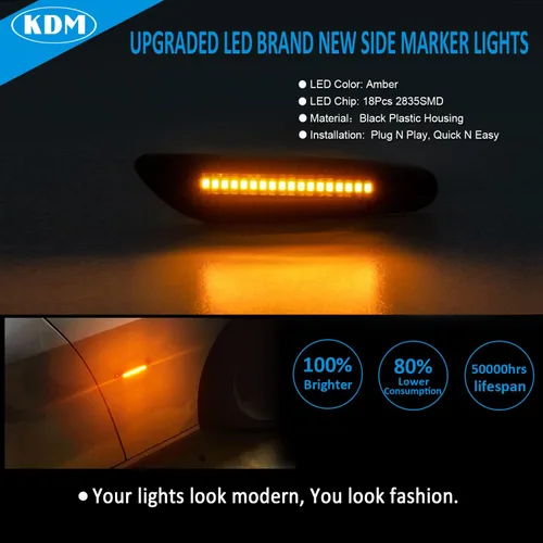 Miniatura 2 de KDM Luces LED de marcador lateral para guardabarros para BMW E90 E91 E92 E93 E46 E60 E61 E81 E82 E87 E88 E83 X3 E84 X1 325i 328i 335i 330i, señal