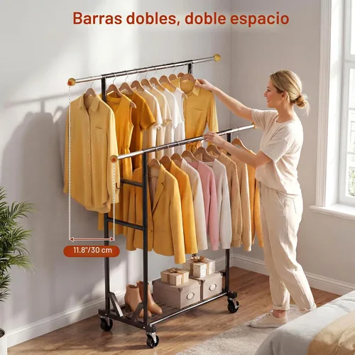 Miniatura 2 de Perchero con ruedas – Perchero de doble barra con ruedas bloqueables, estante de almacenamiento de malla y remates de madera antideslizantes